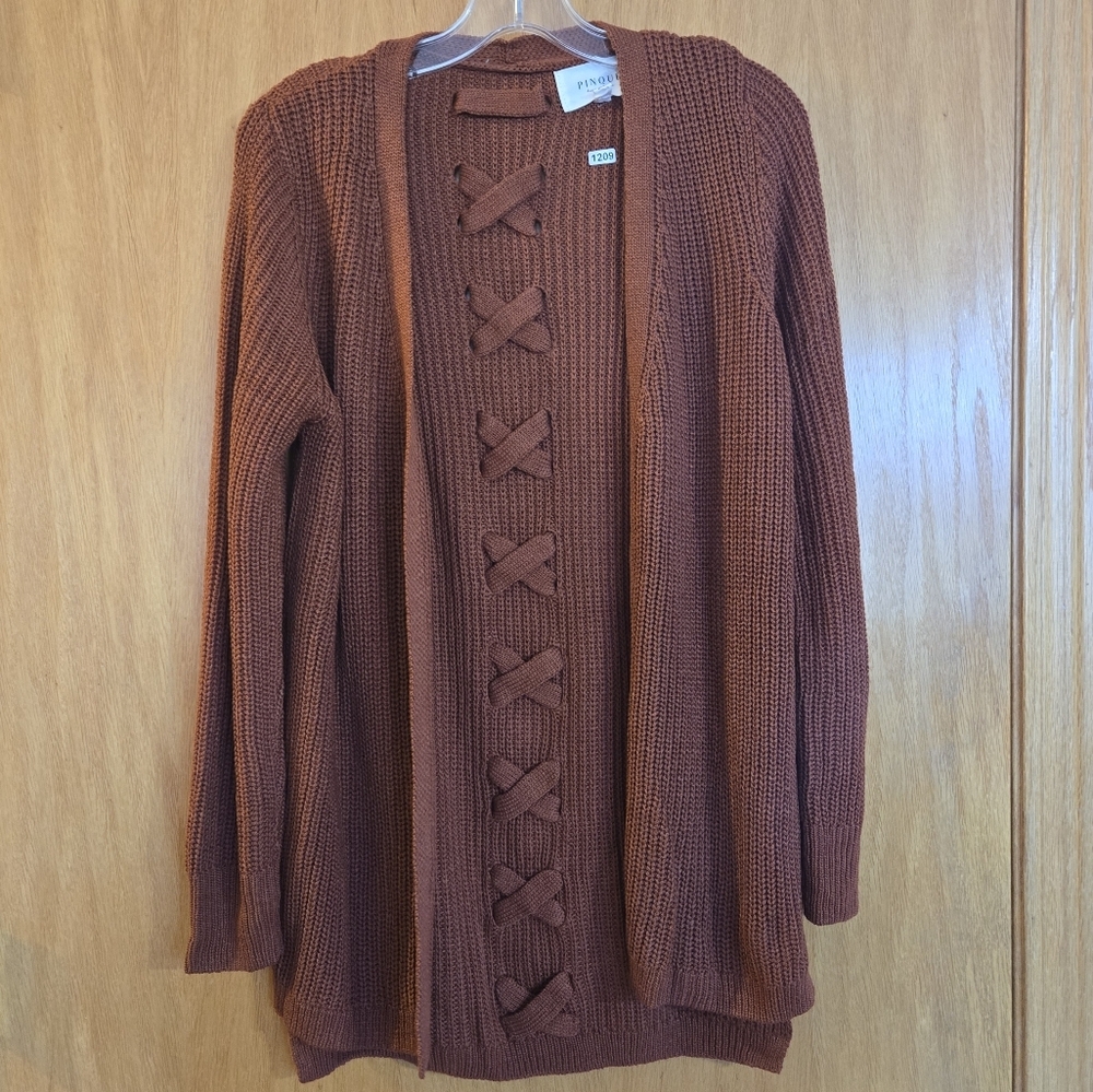 Pinque Burnt Orange Knit Lace Back Cardigan Sweater Womens Small NWOT